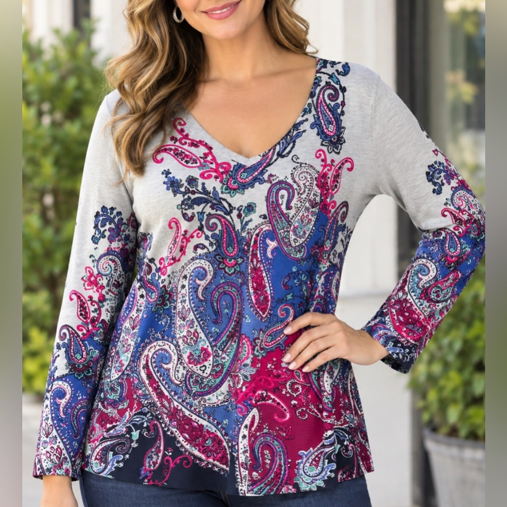 NWOT Chico's Long Sleeve V-Neck Paisley Sweater Top in Gray, Blue & Pink L